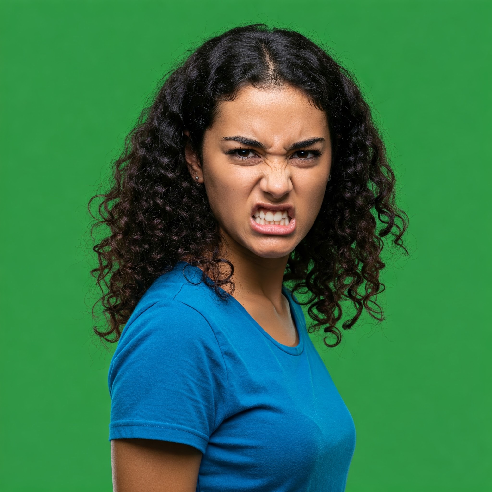 photo of Enraged Young Woman Snarling Against Green Screen
